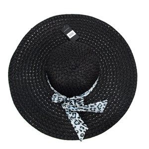 Black Floppy Sun Hat with Leopard Bow
